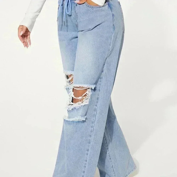 Light Wash Casual Women's Drawstring Waist Cut Out Ripped Wide Leg Jeans - Picture 2 of 5